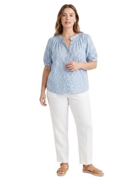 J.Crew Floral Smocked Short Sleeve Linen Blend Top 2XL Blue Cottagecore Prairie